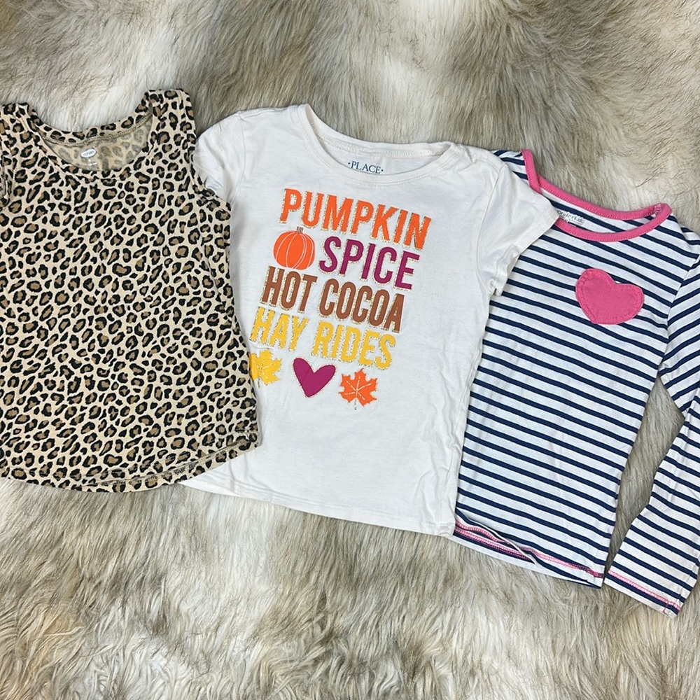 ‘Pumpkin Spice Hot Cocoa Hayrides’ Top, Heart Striped Top, and Animal Print Top